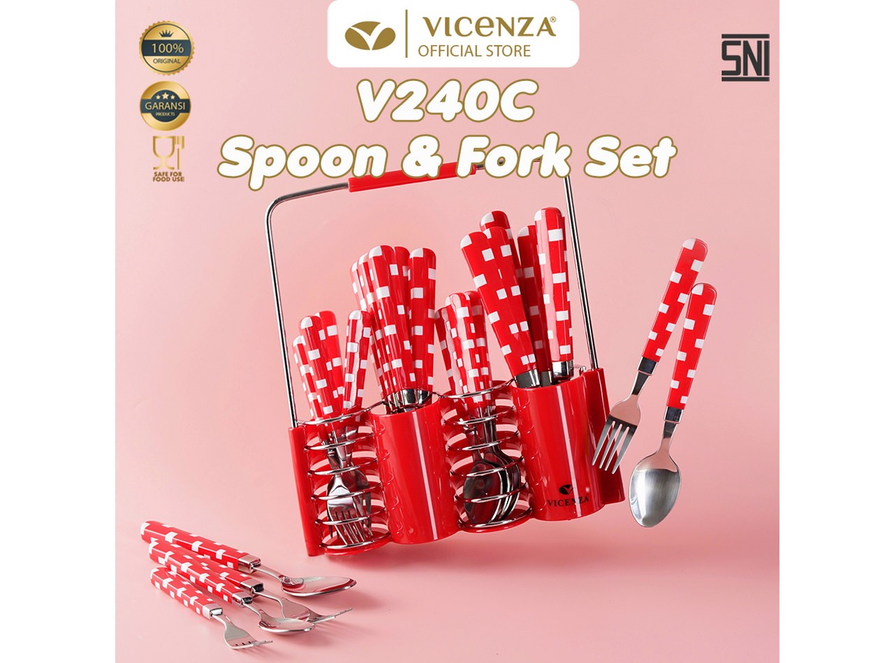 Sendok dan Garpu Set V240C Motif Kotak Warna Merah